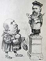 Caricature of Hanslick worshipping before an idol of Brahms