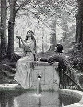 Mlisande and Pellas at a fountain  painting by Edmund Leighton